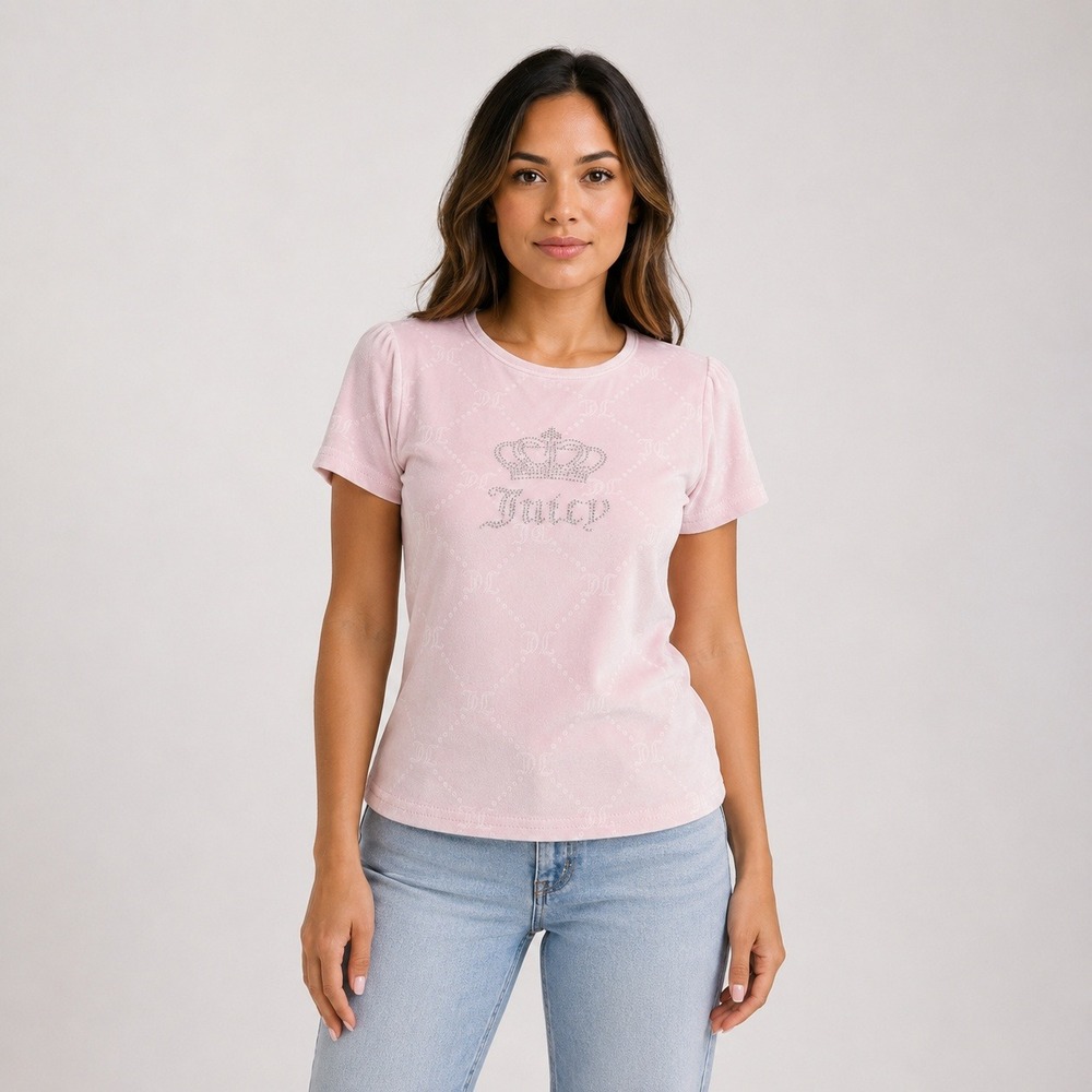 Juicy Couture Pink Velour Monogram Rhinestone Crown Shirt Small Y2K Sleepwear